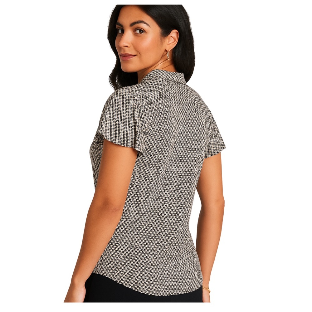 Adrianna Papell Tie Neck Blouse S Black Cream Geometric Flutter Sleeve NWT - Picture 2 of 14